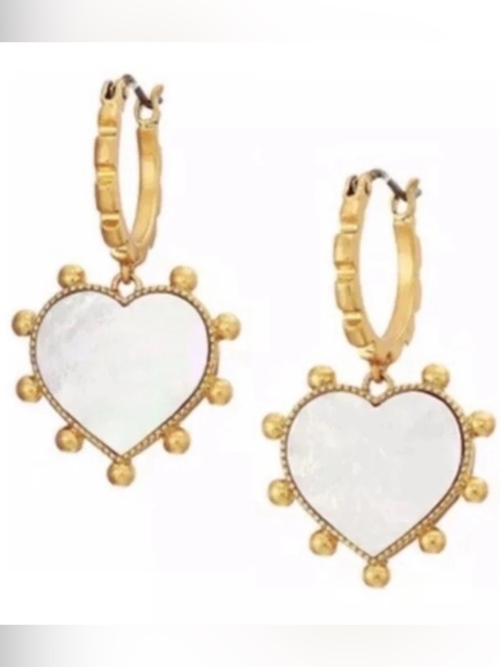 TORY BURCH GOLD TONE + MOTHER OF PEARL HUGGIE HEART DROP EARRINGS